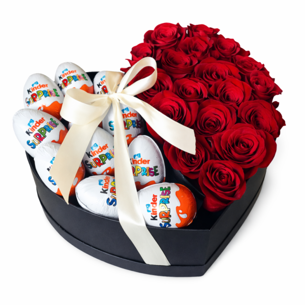 15 красных роз, 11 шоколадных яиц Kinder