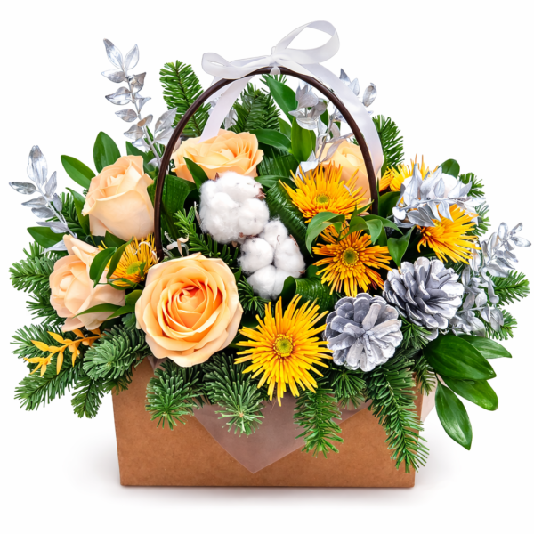 Новогодняя сумочка из персиковых роз, хризантем, хлопка, шишек, нобилиса