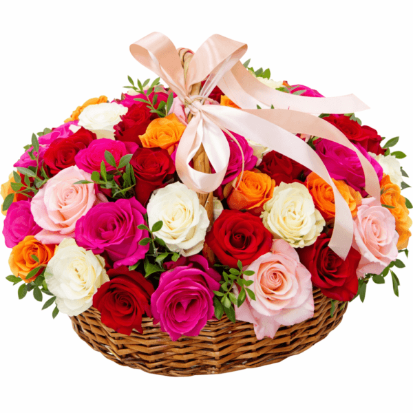 51 роза Эквадор яркий микс в корзине
