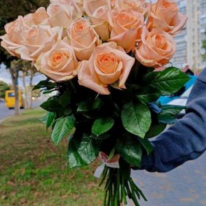 25 штук персиковых роз вид сбоку
