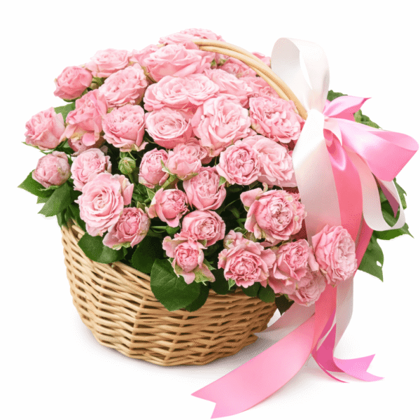 Розовая кустовая роза в корзинке