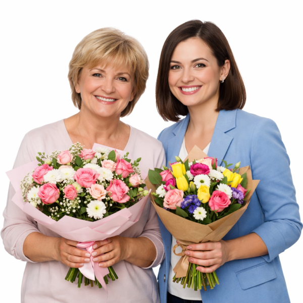 Мама и коллега по работе с букетами цветов